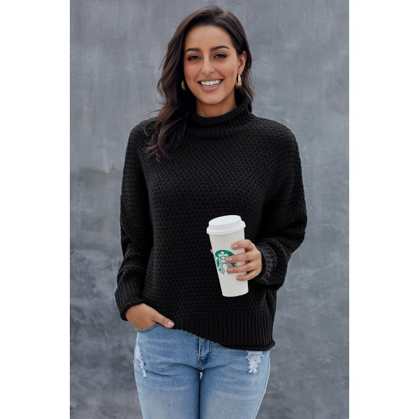 Black Oversized Chunky Batwing Long Sleeve Turtleneck Sweater