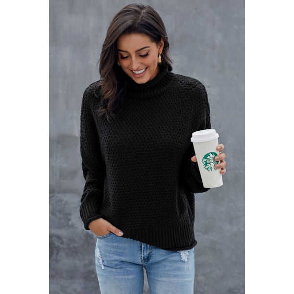 Black Oversized Chunky Batwing Long Sleeve Turtleneck Sweater