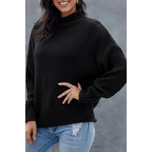 Black Oversized Chunky Batwing Long Sleeve Turtleneck Sweater