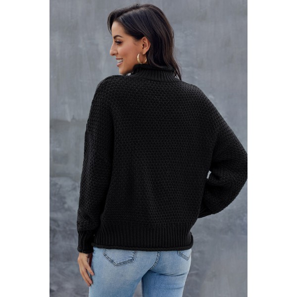 Black Oversized Chunky Batwing Long Sleeve Turtleneck Sweater