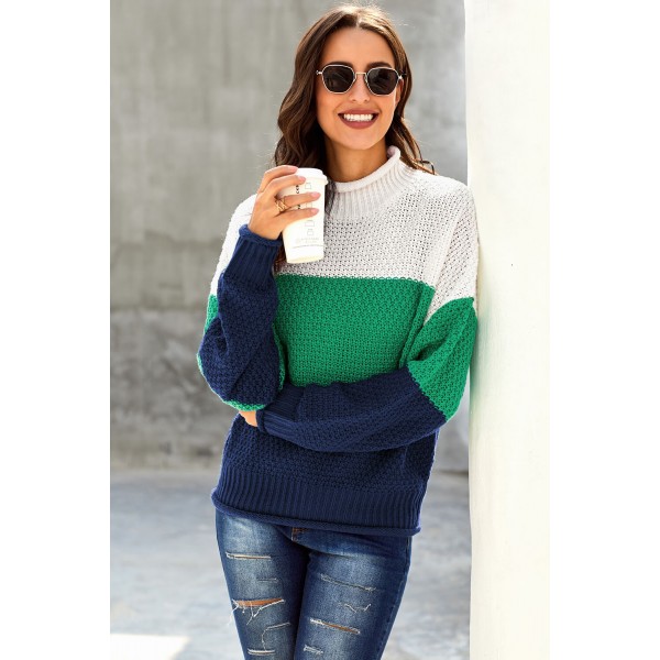 Blue Oversized Chunky Batwing Long Sleeve Turtleneck Sweater