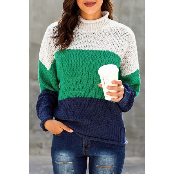 Blue Oversized Chunky Batwing Long Sleeve Turtleneck Sweater