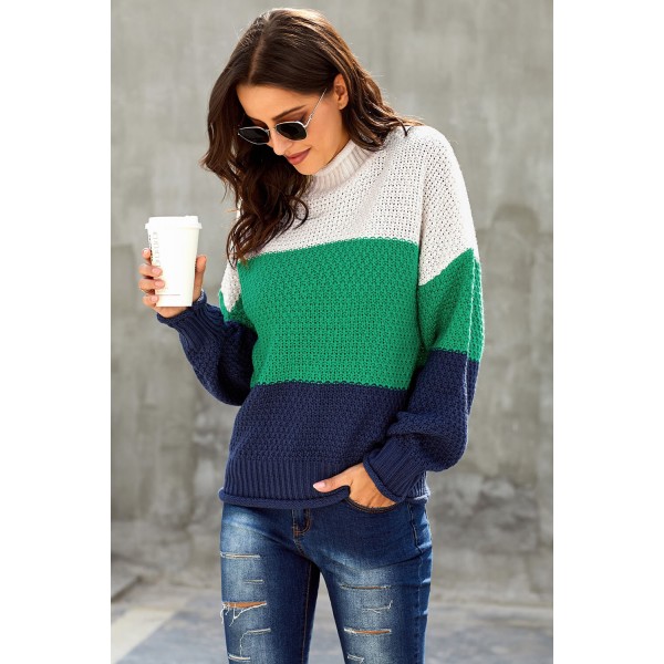 Blue Oversized Chunky Batwing Long Sleeve Turtleneck Sweater