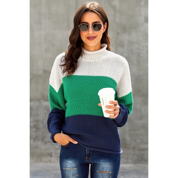 Blue Oversized Chunky Batwing Long Sleeve Turtleneck Sweater