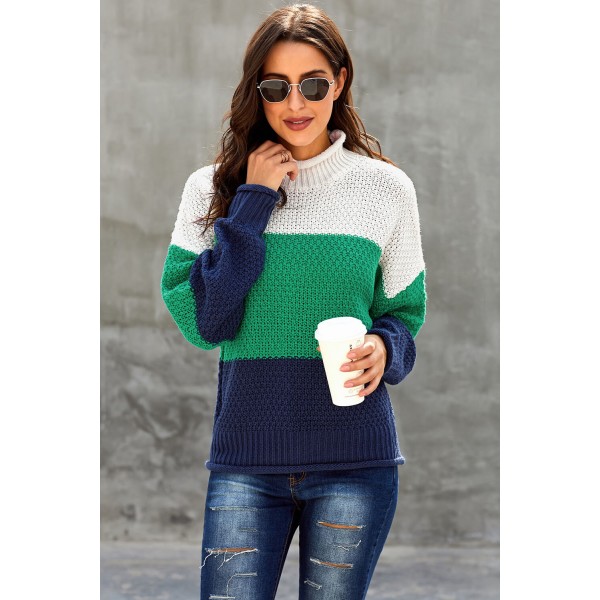 Blue Oversized Chunky Batwing Long Sleeve Turtleneck Sweater