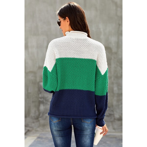 Blue Oversized Chunky Batwing Long Sleeve Turtleneck Sweater