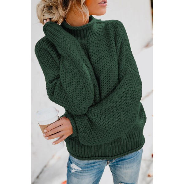 Green Oversized Chunky Batwing Long Sleeve Turtleneck Sweater