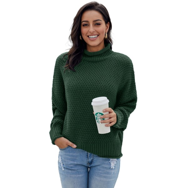 Green Oversized Chunky Batwing Long Sleeve Turtleneck Sweater