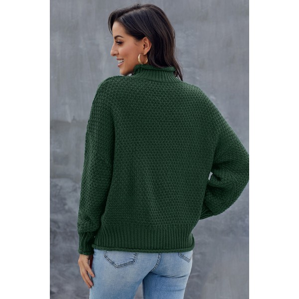 Green Oversized Chunky Batwing Long Sleeve Turtleneck Sweater