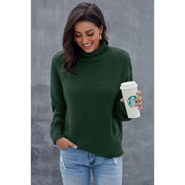 Green Oversized Chunky Batwing Long Sleeve Turtleneck Sweater