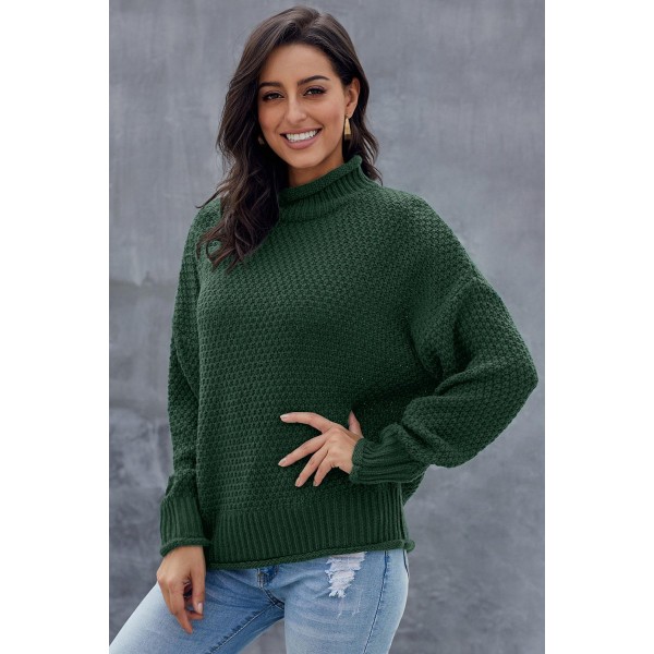 Green Oversized Chunky Batwing Long Sleeve Turtleneck Sweater