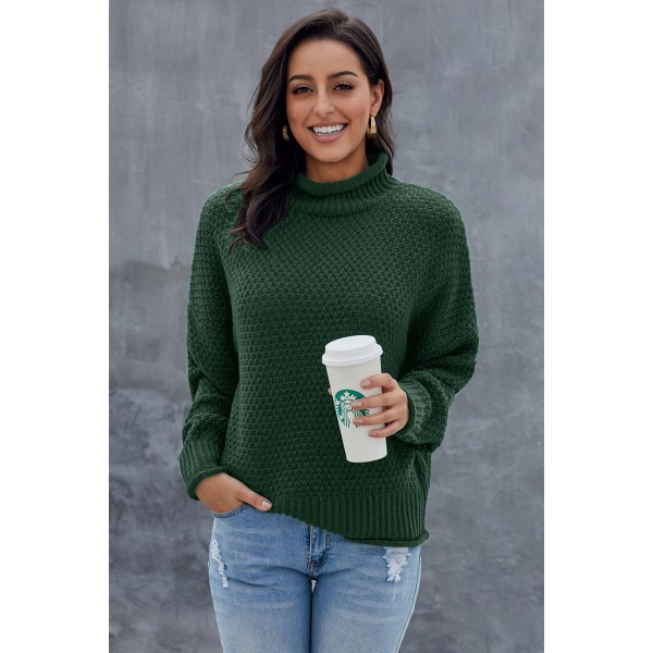 Green Oversized Chunky Batwing Long Sleeve Turtleneck Sweater
