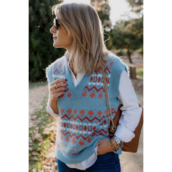 Sky Blue Tribal Print V Neck Knitted Sweater Vest