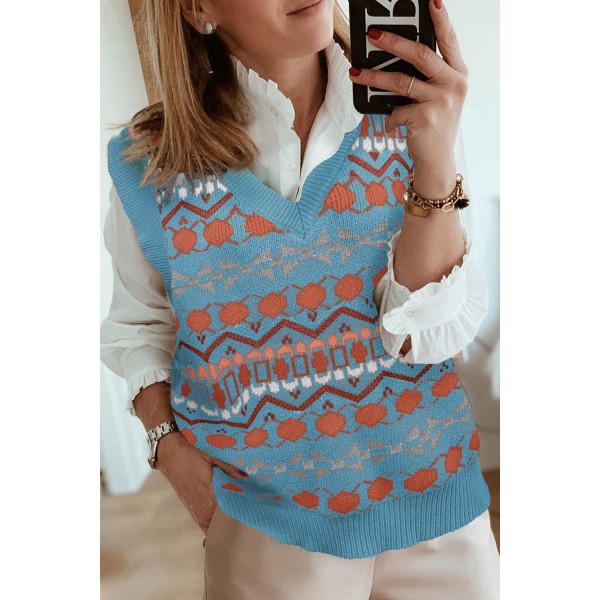 Sky Blue Tribal Print V Neck Knitted Sweater Vest
