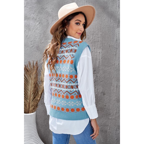 Sky Blue Tribal Print V Neck Knitted Sweater Vest