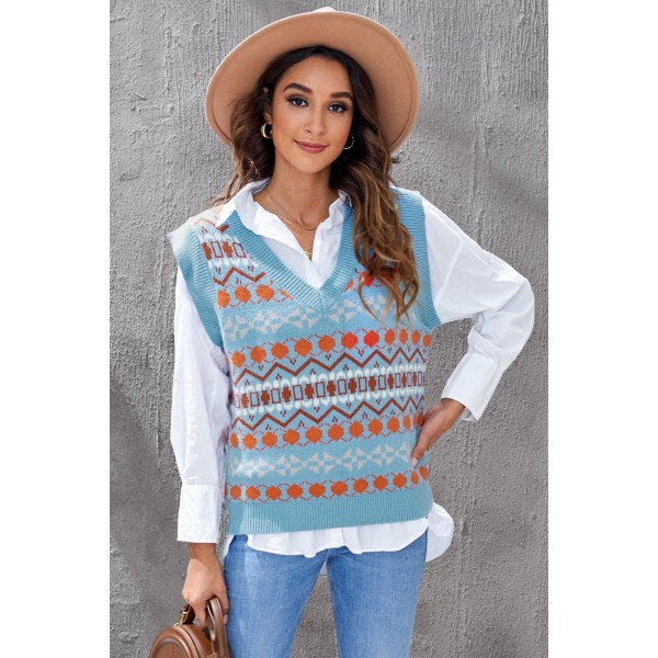 Sky Blue Tribal Print V Neck Knitted Sweater Vest