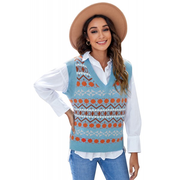 Sky Blue Tribal Print V Neck Knitted Sweater Vest