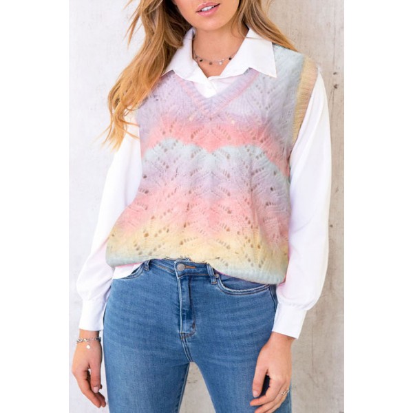 Multicolor V Neck Tie-dye Sweater Vest