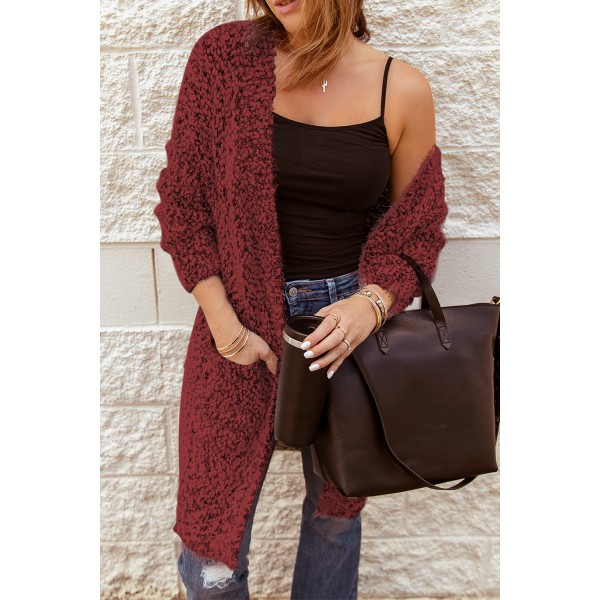 Red Fuzzy Knit Cardigan with Pockets