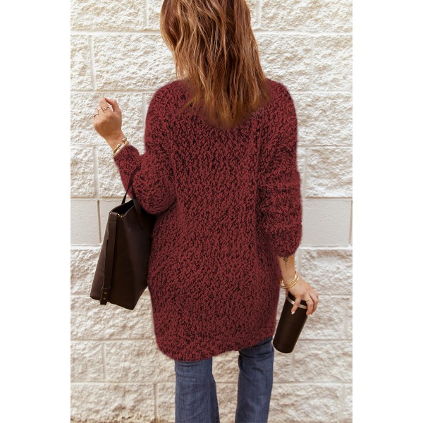 Red Fuzzy Knit Cardigan with Pockets