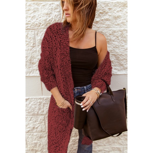 Red Fuzzy Knit Cardigan with Pockets