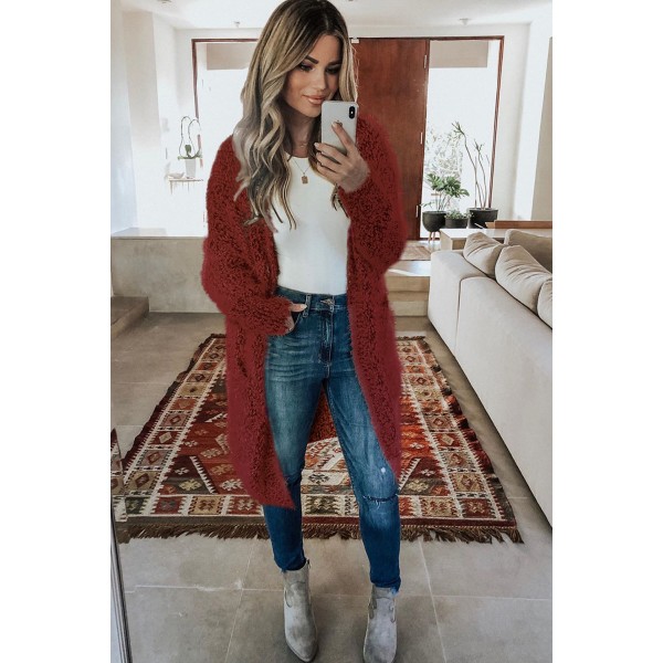 Red Fuzzy Knit Cardigan with Pockets