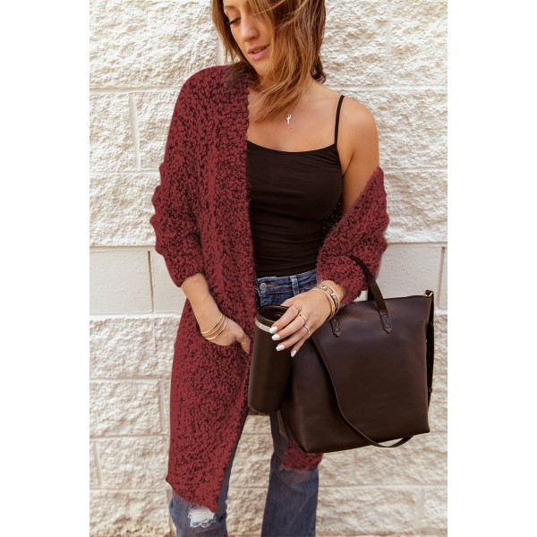 Red Fuzzy Knit Cardigan with Pockets