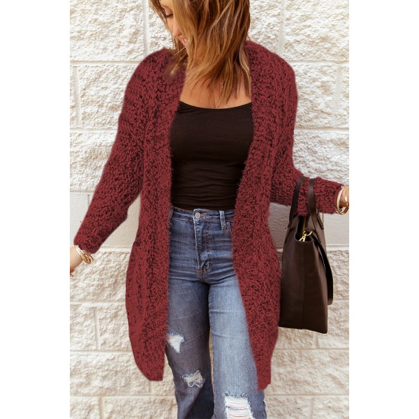 Red Fuzzy Knit Cardigan with Pockets
