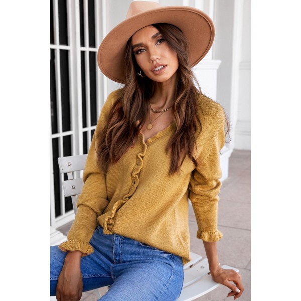 Brown Frilled V Neckline Buttons Sweater Cardigan