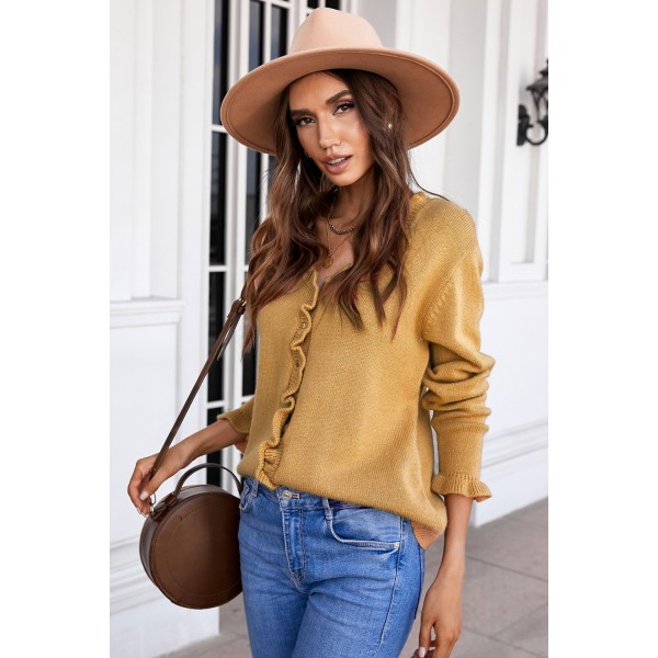 Brown Frilled V Neckline Buttons Sweater Cardigan