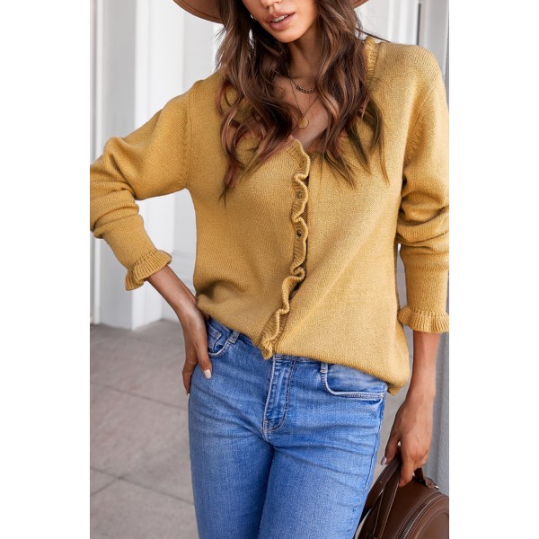 Brown Frilled V Neckline Buttons Sweater Cardigan
