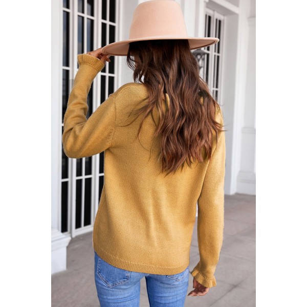 Brown Frilled V Neckline Buttons Sweater Cardigan