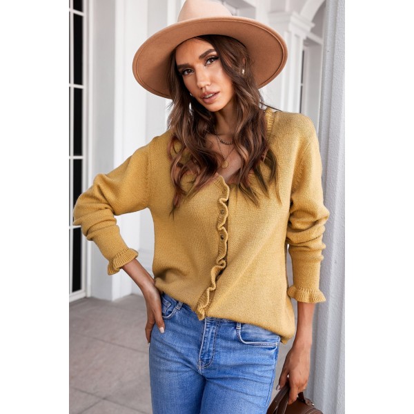 Brown Frilled V Neckline Buttons Sweater Cardigan