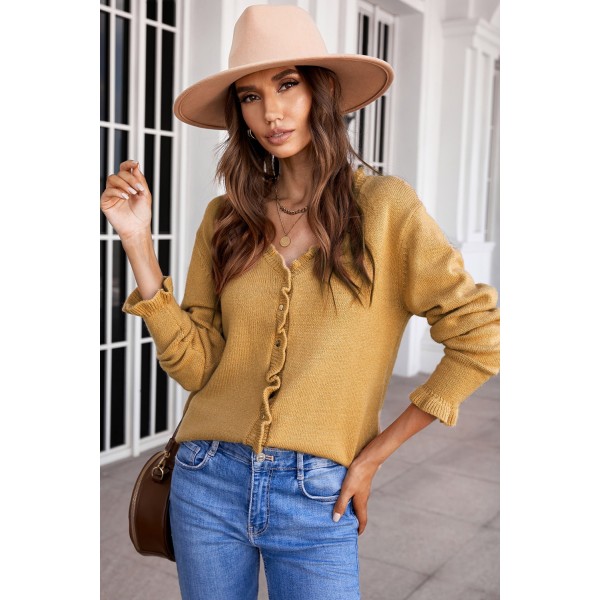 Brown Frilled V Neckline Buttons Sweater Cardigan