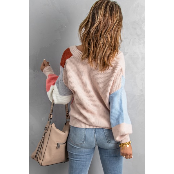 Khaki Color Block Buttons Drop-Shoulder Sleeve Cardigan
