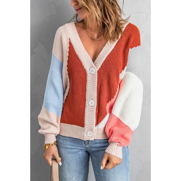 Khaki Color Block Buttons Drop-Shoulder Sleeve Cardigan