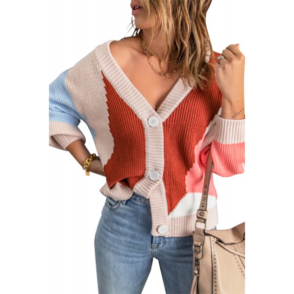 Khaki Color Block Buttons Drop-Shoulder Sleeve Cardigan