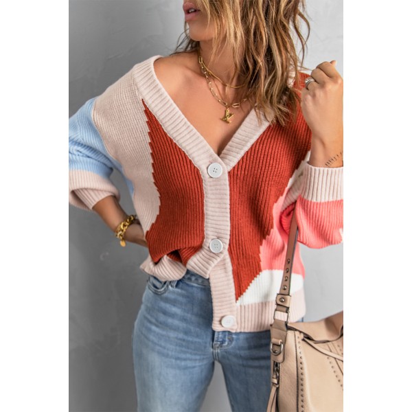 Khaki Color Block Buttons Drop-Shoulder Sleeve Cardigan