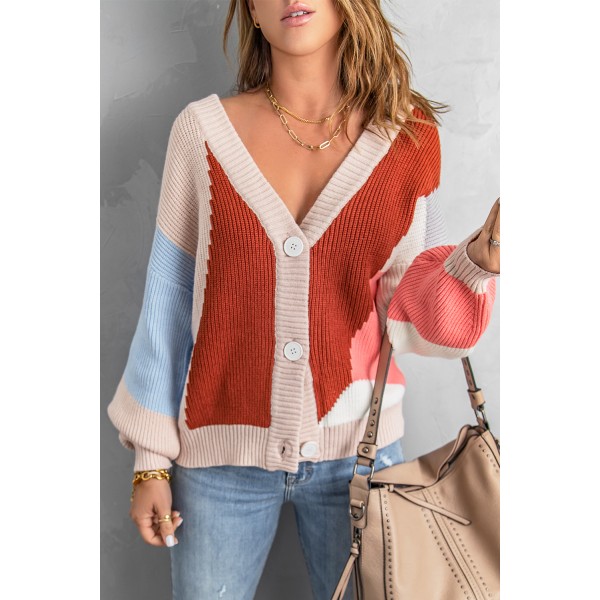 Khaki Color Block Buttons Drop-Shoulder Sleeve Cardigan