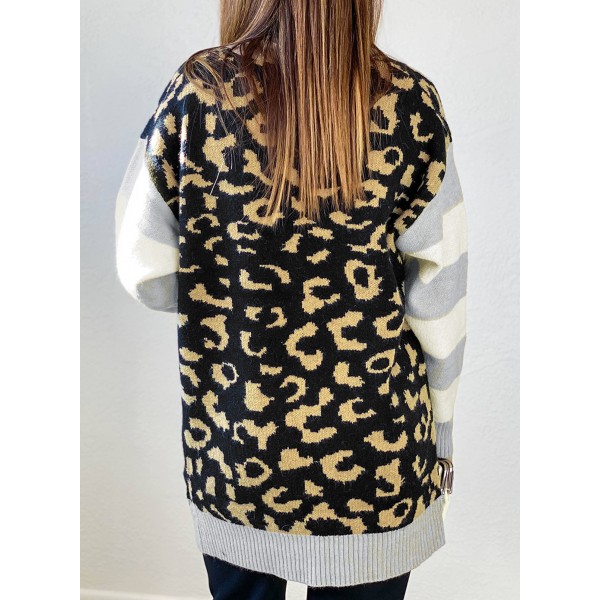 Leopard Print Cardigan with Striped Sleeve