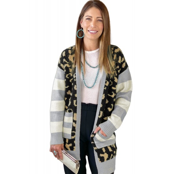Leopard Print Cardigan with Striped Sleeve