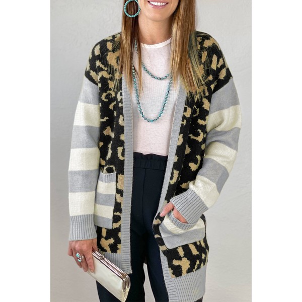 Leopard Print Cardigan with Striped Sleeve