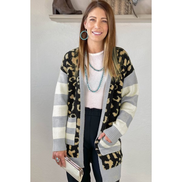 Leopard Print Cardigan with Striped Sleeve