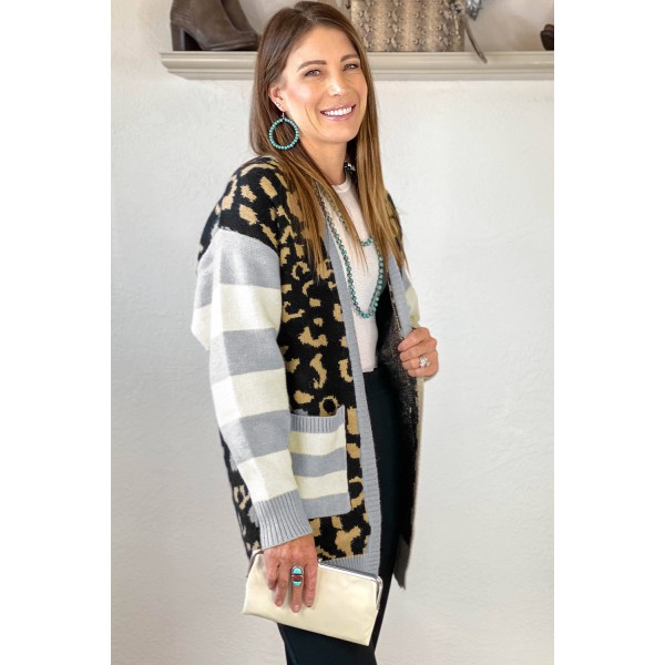 Leopard Print Cardigan with Striped Sleeve