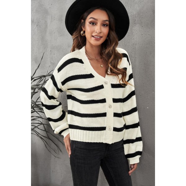 Striped V-Neck Buttoned Open Front Knitted Sweater