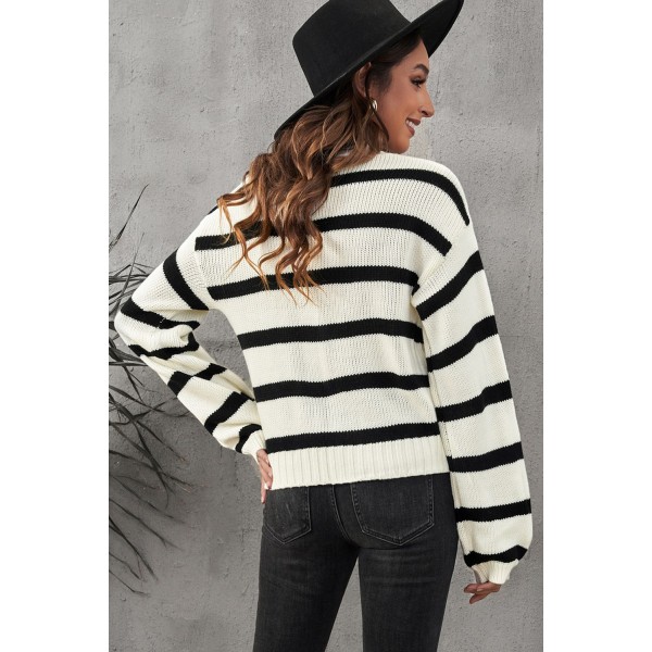 Striped V-Neck Buttoned Open Front Knitted Sweater