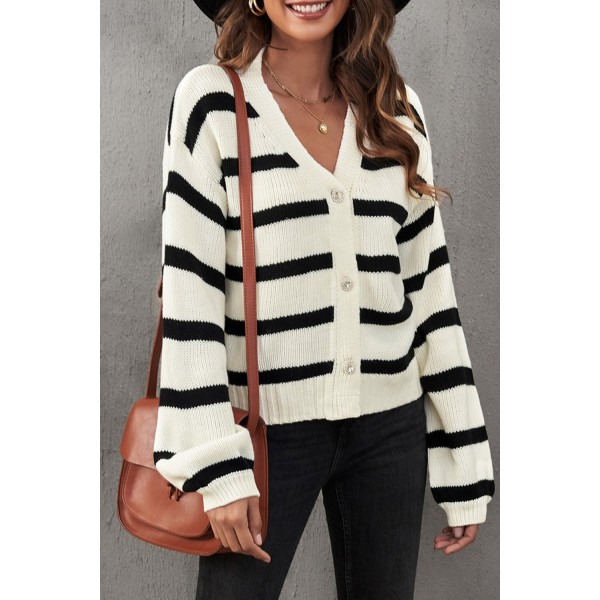 Striped V-Neck Buttoned Open Front Knitted Sweater