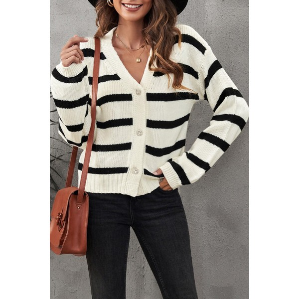 Striped V-Neck Buttoned Open Front Knitted Sweater