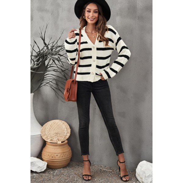 Striped V-Neck Buttoned Open Front Knitted Sweater