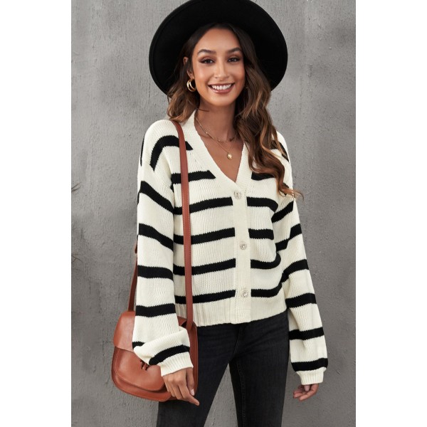 Striped V-Neck Buttoned Open Front Knitted Sweater